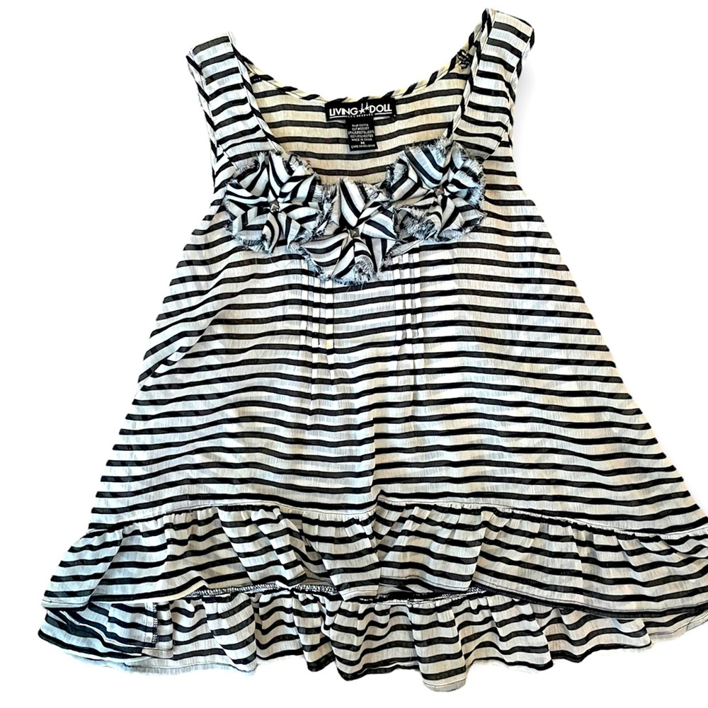 Black & white striped tank w fabric flowers & silver stud accents. Size M.